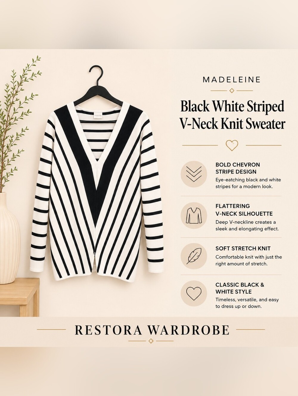 Madeleine Black White Striped V Neck Knit Sweater L XL